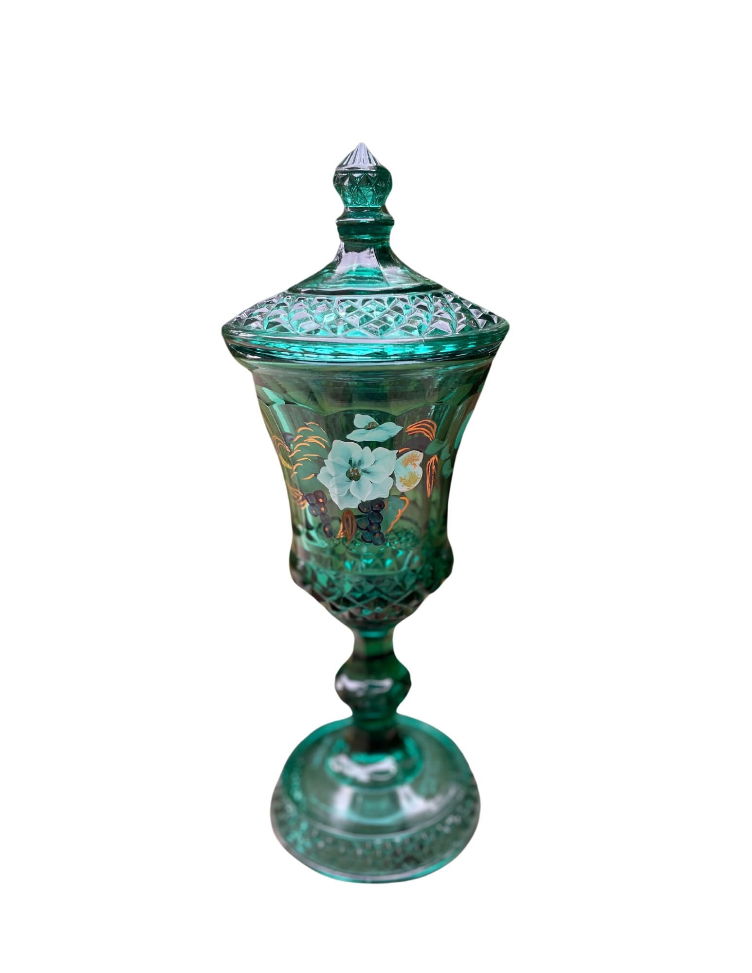 George Fenton Spruce Green Urn limited edition,  "Family Signature Series" Hand Painted 13" Urn Signed by George Fenton Art Glass 1997