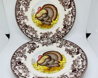 Set 2 Spode Woodland TURKEY Dinner Plates England NEW Thanksgiving, replacement china dinnerware pieces, tom turkey