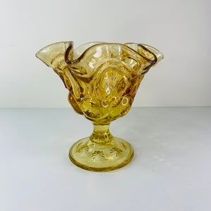 Amber Moon and Stars Footed Compote Candy Dish, 6 Ruffled Pedestal Candy Dish, L.E. Smith Moon and Stars, Mid Century Amber Glass Compote