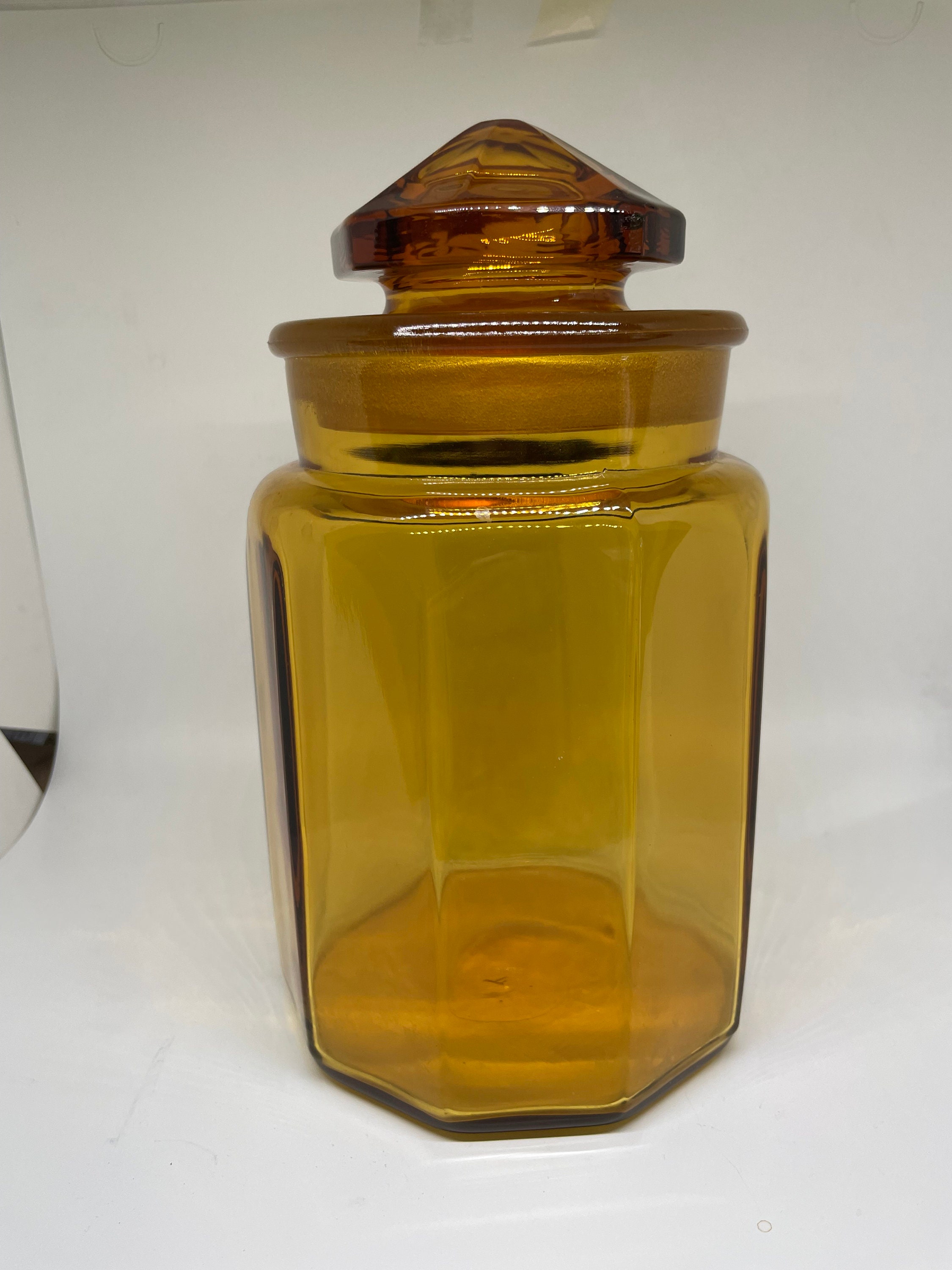 Vintage LE Smith 10 Panel Amber Glass Apothecary Canister Jar W/lid 10, Bathroom Storage Jars ...