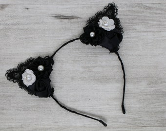 black cat ears, cat ears headband, floral cat cosplay. cat ears floral, handmade cat ears, cosplay sexy cat, cat headband, flower girl crown