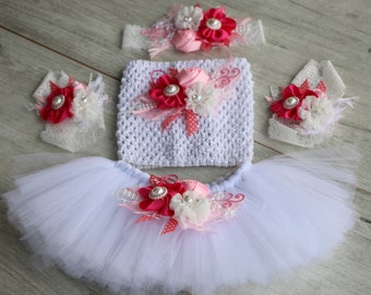 white and pink baby baptism outfit, baby tutu set, white baptism tutu set, couture luxury baby set, baby photo shoot outfit,tutu elegant set