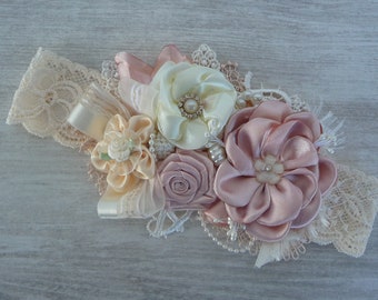 Diadema color marfil coral malva, diadema exagerada, diadema de alta costura, lazo exagerado, diadema de niña de las flores, estilo shabby chic de inspiración vintage