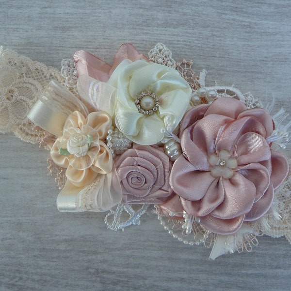 Mauve coral ivory headband,over the top headband, couture headband, over the top bow, flower girl headband, shabby chic vintage inspired