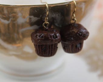 Double Chocolate Chip Muffin Earrings/ Polymer clay baked goods/ Breakfast food jewelry