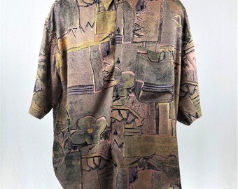 Vintage 80's Goouch Men's XL Rayon Abstract Brown Black Short Sleeve Button Down Shirt.