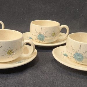 Franciscan Starburst Atomic Cup & Saucer Set of 5 Vintage MCM Earthenware 1950s