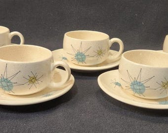 Franciscan Starburst Atomic Cup & Saucer Set of 5 Vintage MCM Earthenware 1950s