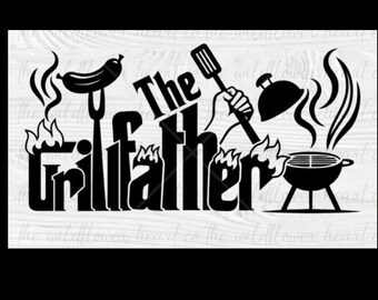 May include: Black and white graphic with the text "The Grillfather" and grilling-related illustrations. Includes a sausage on a fork, a hand holding a spatula, a grill, and flames.