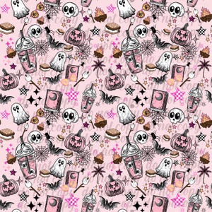 May include: A pink Halloween-themed pattern featuring various spooky elements. The design includes ghosts, skulls, pumpkins, bats, spiderwebs, and beverages. Additional elements include stars, books, and s'mores, creating a festive and playful aesthetic.