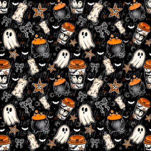 Op de afbeelding: Een herhalend patroon op een zwarte achtergrond met Halloween-thema illustraties. Het ontwerp bevat geesten, ketels, koffiebekers, kaarsen, sterren, strikken en vleermuizen in oranje, wit en zwart.