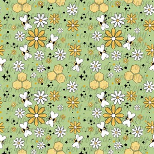 May include: A repeating pattern of bees, daisies, and honeycomb shapes on a pale green background. The bees have white heart-shaped wings and the flowers are yellow and white. Black star shapes and dots are scattered throughout.