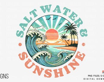 Agua salada y sol PNG, diseño de sublimación, verano PNG, playa retro PNG, tropical PNG, diseño de camiseta, descarga instantánea PNG, DTF