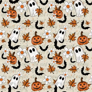 May include: A repeating pattern featuring Halloween-themed illustrations. The design includes orange jack-o'-lanterns, white ghosts, black bats, orange autumn leaves, and white daisy-like flowers on a beige background.