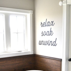 Relax Soak Unwind  relaxation  bubble bath  Metal Wall Art  Metal Words  Farmhouse Decor - Simply Inspired - bathroom - bath tub -relax