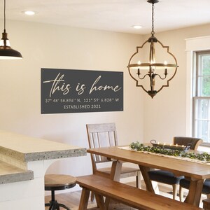 May include: A rustic wooden dining table with a bench and chairs, set with a green garland and candles. A sign above the table reads "This is home 37° 48' 58.896" N. 121° 59' 6.828" W ESTABLISHED 2021".