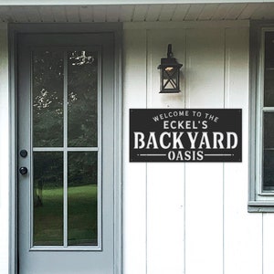 Personalized Backyard Oasis  Backyard Sign  Memories  Metal Sign  Modern  Family Name Sign  House Warming Simply InspiredEstablished