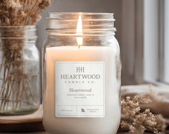 Amber Vanilla Teakwood Leather Soy Candle Mason Jar Heartwood Scented Candle New Home Gift Realtor Closing Gift Masculine Woodsy Fragrance