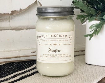 Bonfire Candle - 16 oz Soy Wax Candle - Cotton Wick - Simply Inspired - Home Decor - Soy Candle - Gift - Hand-poured Candle