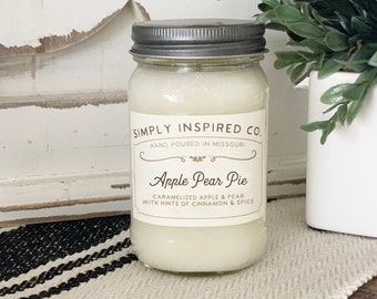 Apple Pear Pie Candle - 16 oz Soy Wax Candle - Mason Jar - Simply Inspired - Home Decor - Soy Candle - Gift - Hand-poured Candle - Baking