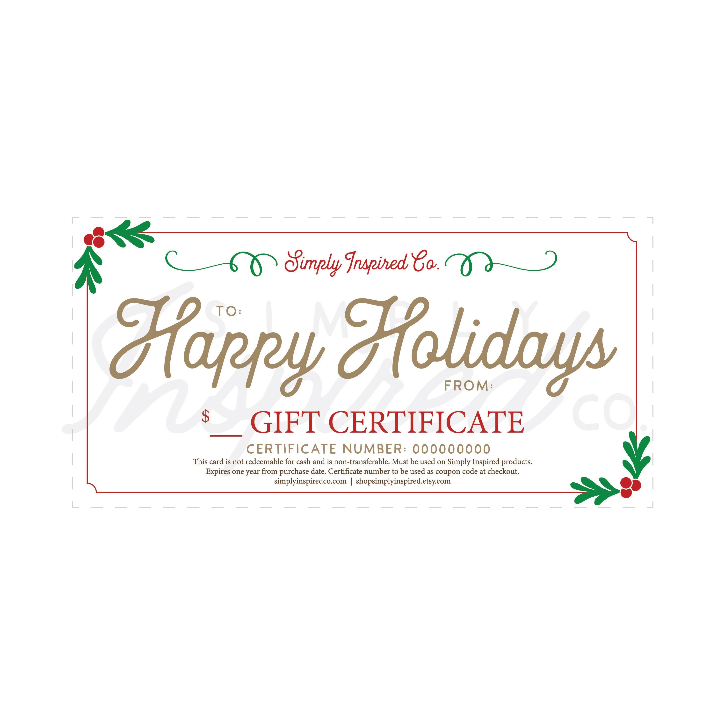 Happy Holidays Gift Certificate Gift Christmas Gift Etsy
