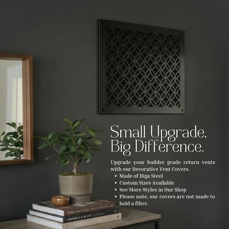 Sleek metal grille air vent cover used as decorative wall vent cover in modern home