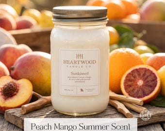 Summer Fruit Candle Peach Mango Scent Fruity Candle Tropical Home Decor Gift for Her Clean Burning Soy Wax Mason Jar Candle