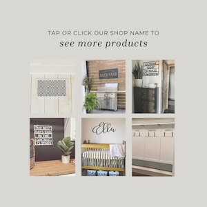 May include: A collage of home decor items, including a sign that says "BACK YARD" above a grill, a sign that says "LAUNDRY TODAY OR NAKED TOMORROW", and a sign that says "THE BEST DAYS END IN THE DIRTIEST CLOTHES". Also includes a crib with the name "Ella".