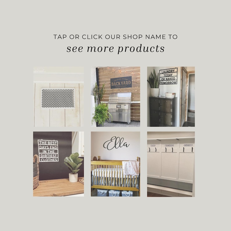 May include: A collage of home decor items, including a sign that says "BACK YARD" above a grill, a sign that says "LAUNDRY TODAY OR NAKED TOMORROW", and a sign that says "THE BEST DAYS END IN THE DIRTIEST CLOTHES". Also includes a crib with the name "Ella".