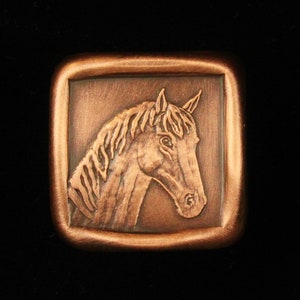 May include: A copper-colored square plaque with a raised image of a horse's head. The horse is facing to the right and has a brown coat.
