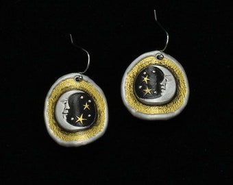 Moon and Stars Earrings, 23K Gold Leaf, Handmade by Arizona Artist, Monte Voepel