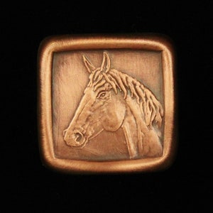 May include: A copper-colored square plaque with a raised image of a horse's head. The horse is facing left and has a brown coat.