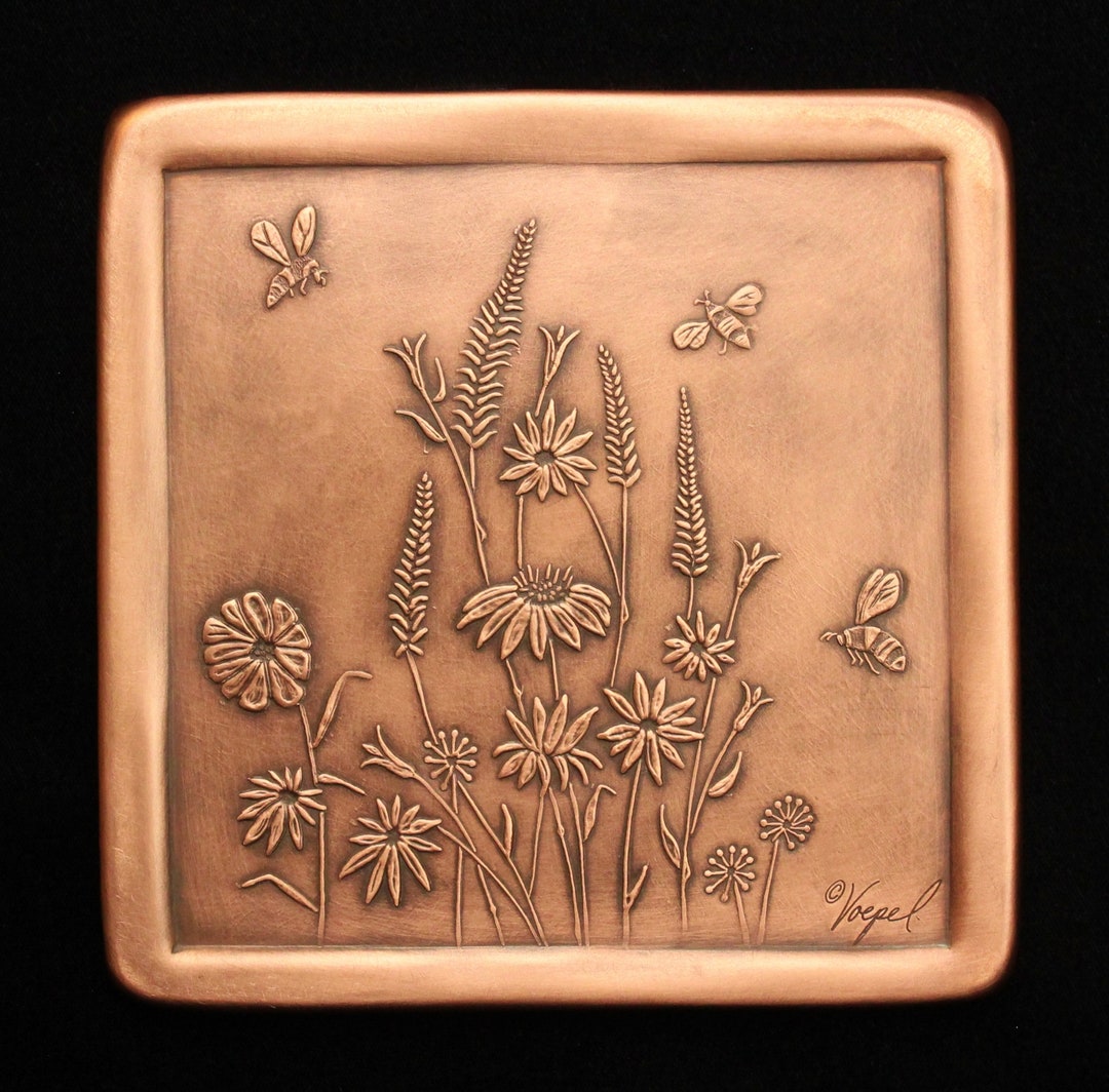 Bees and Wildflowers Tile, Copper, Handmade, 6