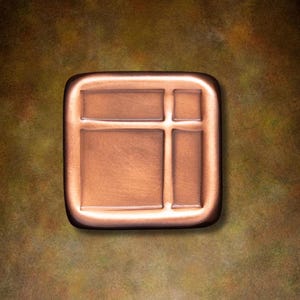 May include: A square copper-toned metal plaque with rounded corners, featuring a raised cross design that divides the surface into three distinct rectangular sections. The finish has a metallic sheen with subtle variations in color.
