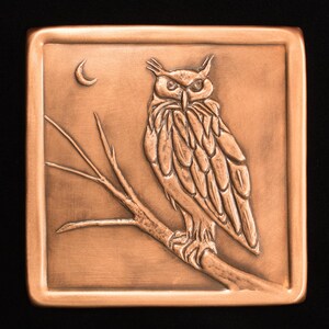 Great Horned Owl Tile, Handmade, Copper, 6" x 6" x 1/4", GHOT66