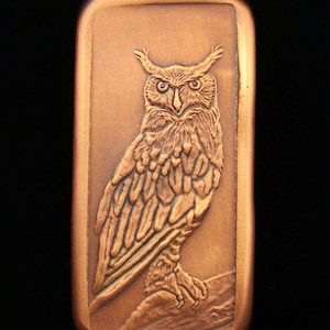 May include: A copper-colored rectangular plaque with a detailed relief sculpture of an owl. The owl is facing forward with its wings spread out. The owl's eyes are large and round, and its feathers are intricately carved.