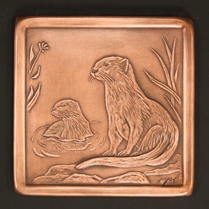 River Otters Tile, Handmade, Copper, 6" x 6" x 1/4".