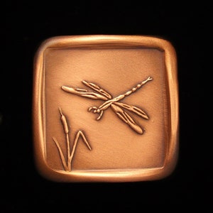 May include: A copper-colored square plaque with a raised image of a dragonfly and cattails. The dragonfly is in flight and the cattails are in the lower left corner of the plaque.