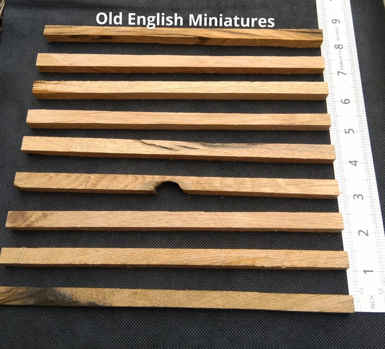 Real miniature vintage rustic oak beams, for dolls farmhouse, dolls Tudor house, dolls haunted house, miniature, Architectural model, model railway, model castle, arts and crafts, handcrafted by Old English Miniatures from reclaimed vintage oak, Size approx 9"inch/225mm long x 10mm x 10mm, each pack contains 9 pieces, available from my Etsy store, the ruler gives an idea of sizes