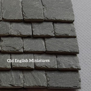 Real miniature vintage rustic slate roofing tiles for dollshouse or any miniature building projects like model making, architectural models, model castle, hand crafted by Old English Miniatures from reclaimed vintage materials,  hand split and feather edged using age-old traditional methods,