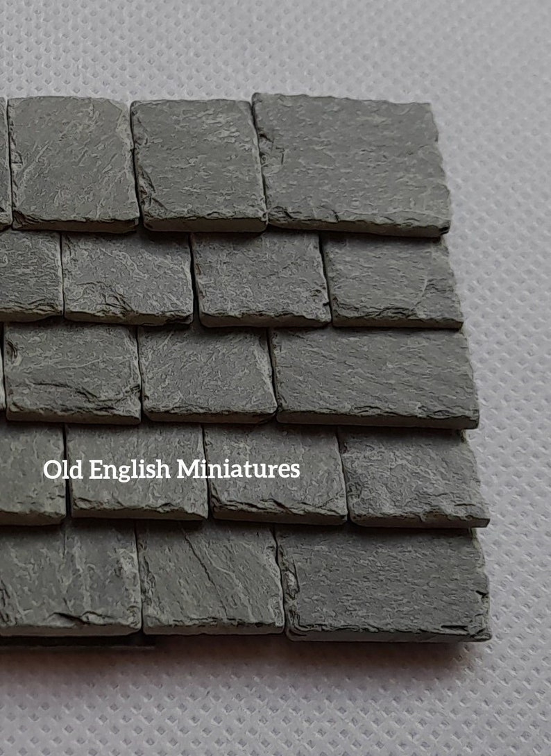 Real miniature vintage rustic slate roofing tiles for dollshouse or any miniature building projects like model making, architectural models, model castle, hand crafted by Old English Miniatures from reclaimed vintage materials,  hand split and feather edged using age-old traditional methods,
