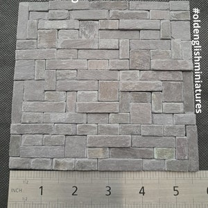 Real miniature vintage rustic slate slips for doll house or any miniature building projects like model making, model railway,  model castle,  3 sizes, hand split using traditional methods into various thicknesses to give a wonderful 3d effect wall,  hand crafted by Old English Miniatures from vintage reclaimed materials,  the ruler gives an idea of size,  great for many different miniature projects like Art, Mosaics,  architectural models.