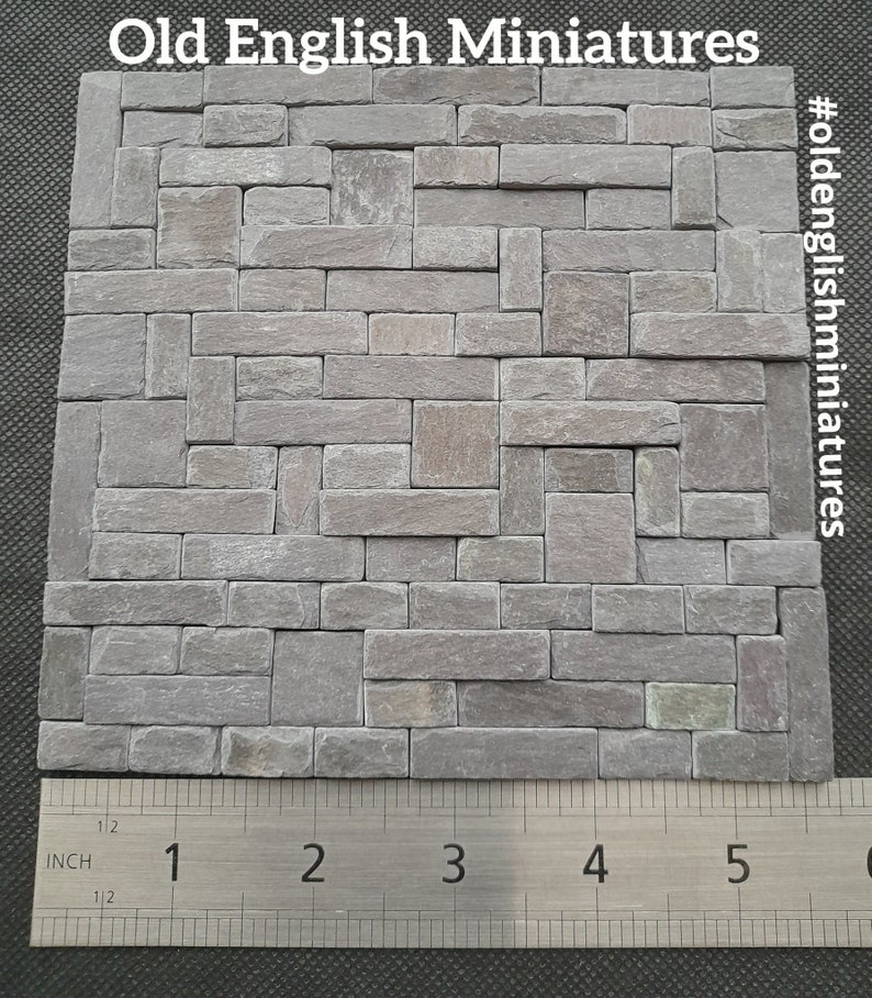 Real miniature vintage rustic slate slips for doll house or any miniature building projects like model making, model railway,  model castle,  3 sizes, hand split using traditional methods into various thicknesses to give a wonderful 3d effect wall,  hand crafted by Old English Miniatures from vintage reclaimed materials,  the ruler gives an idea of size,  great for many different miniature projects like Art, Mosaics,  architectural models.