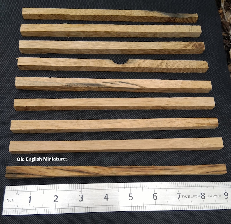 Real miniature vintage rustic oak beams, for dolls farmhouse, dolls Tudor house, dolls haunted house, miniature, Architectural model, model railway, model castle, arts and crafts, handcrafted by Old English Miniatures from reclaimed vintage oak, Size approx 9"inch/225mm long x 10mm x 10mm, each pack contains 9 pieces, available from my Etsy store, the ruler gives an idea of sizes.