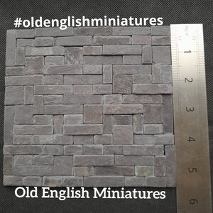 Real miniature vintage rustic slate slips for doll house or any miniature building projects,  hand crafted by Old English Miniatures from reclaimed vintage materials, 3 different sizes in each pack,  hand split using age-old traditional methods,  great for many different miniature projects like Art, Mosaics, architectural models,  model making,  the ruler dives an idea of size