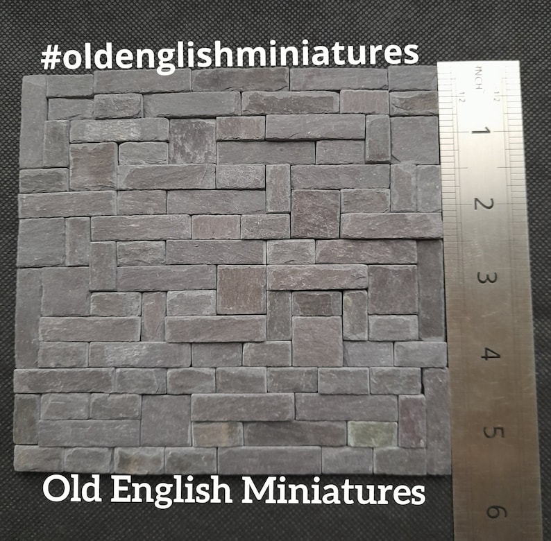 Real miniature vintage rustic slate slips for doll house or any miniature building projects,  hand crafted by Old English Miniatures from reclaimed vintage materials, 3 different sizes in each pack,  hand split using age-old traditional methods,  great for many different miniature projects like Art, Mosaics, architectural models,  model making,  the ruler dives an idea of size