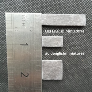 Real miniature vintage rustic slate slips for doll house flooring or walls or any miniature building projects like model making, model railway platform, model castle, diorama handcrafted by Old English Miniatures from reclaimed vintage slate,  hand split using age-old traditional methods, each pack has variety of 3 different sizes to form a wonderful 3d effect,  great for many different miniature projects like Art, Mosaics, architectural models, fairy houses, dioramas, the ruler shows the sizes