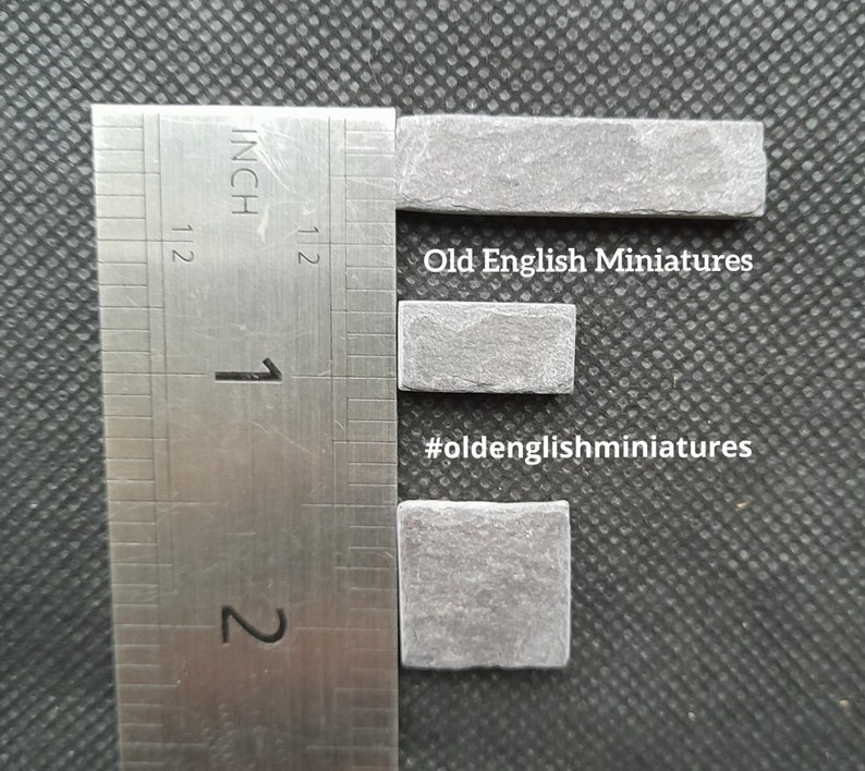 Real miniature vintage rustic slate slips for doll house flooring or walls or any miniature building projects like model making, model railway platform, model castle, diorama handcrafted by Old English Miniatures from reclaimed vintage slate,  hand split using age-old traditional methods, each pack has variety of 3 different sizes to form a wonderful 3d effect,  great for many different miniature projects like Art, Mosaics, architectural models, fairy houses, dioramas, the ruler shows the sizes