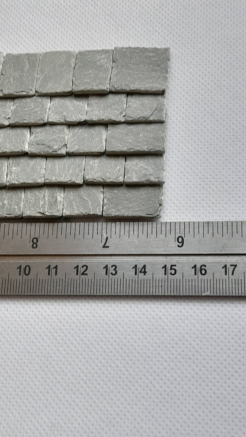 Real miniature vintage rustic slate roofing tiles for doll house or any miniature building projects like model making, model railway, model castle  ,Art and crafts, Mosaics, hand crafted by Old English Miniatures from reclaimed vintage materials,  hand split and feather edged using age-old traditional methods
