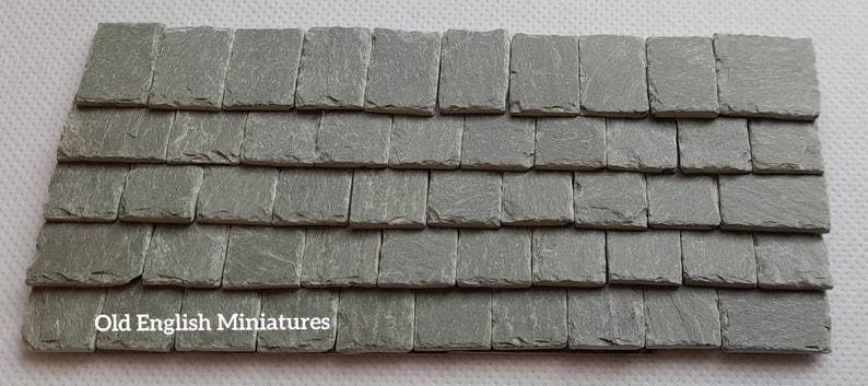 Real miniature vintage rustic tiny slate roof tiles for doll house or any miniature building projects,  rare green in colour,  hand crafted by Old English Miniatures from reclaimed materials   hand split and feather edged , great for outdoor projects like birdhouses, bird table,  fairy house,